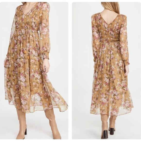 OPT Anthropologie Wick Dress Yellow Smocked Chiffon Floral Sheen Romantic, M - Picture 1 of 12